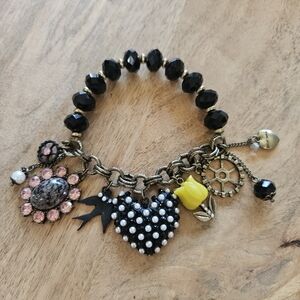Betsey Johnson Black Bead Charm Bracelet with Pink and Yellow Accents